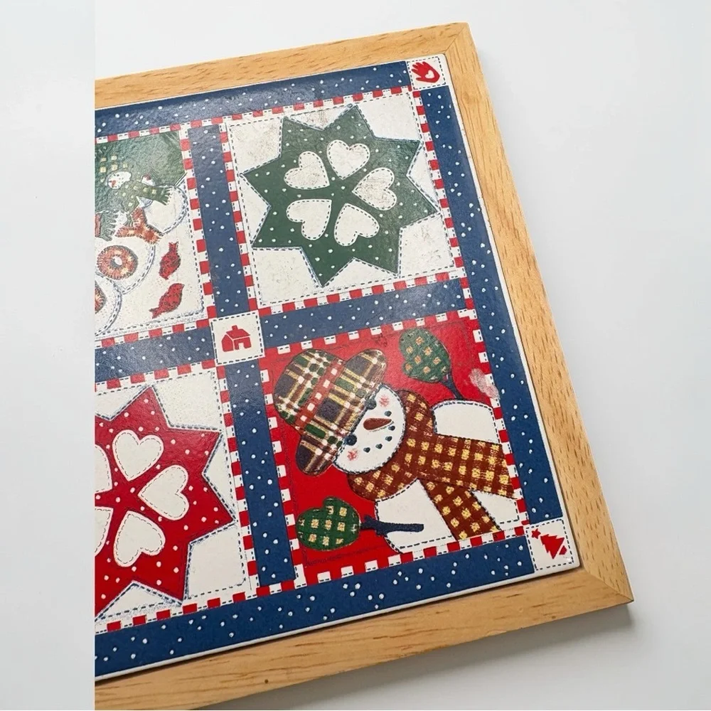 Hallmark Cards Christmas Ceramic Quilt Design With Wood Trim Trivet Vintage